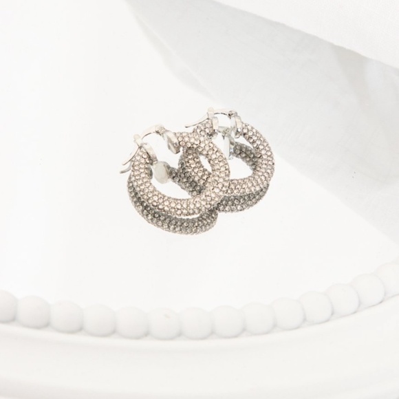 Crystal Embellished Silver Hoop Earrings - Picture 6 of 9